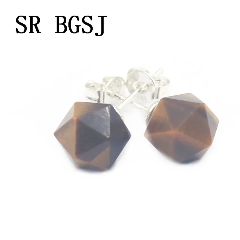 Free Shipping 8mm Sand Stone Tiger Eye Onlyx Round Natural Polygonal Faceted Gems Beads Stud Earrings|Серьги-гвоздики| |
