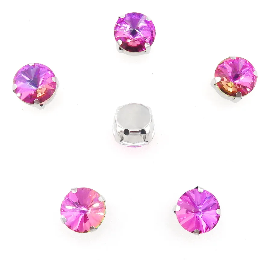 A6 Fuchsia rainbow Радужные цвета, стеклянные кристаллы, серебряные коготки, 8 мм, 10 мм, круглые Rivoli формы, пришитые стразы, кристаллы, аппликация, одежда, сделай сам - Цвет: A6 Fuchsia rainbow
