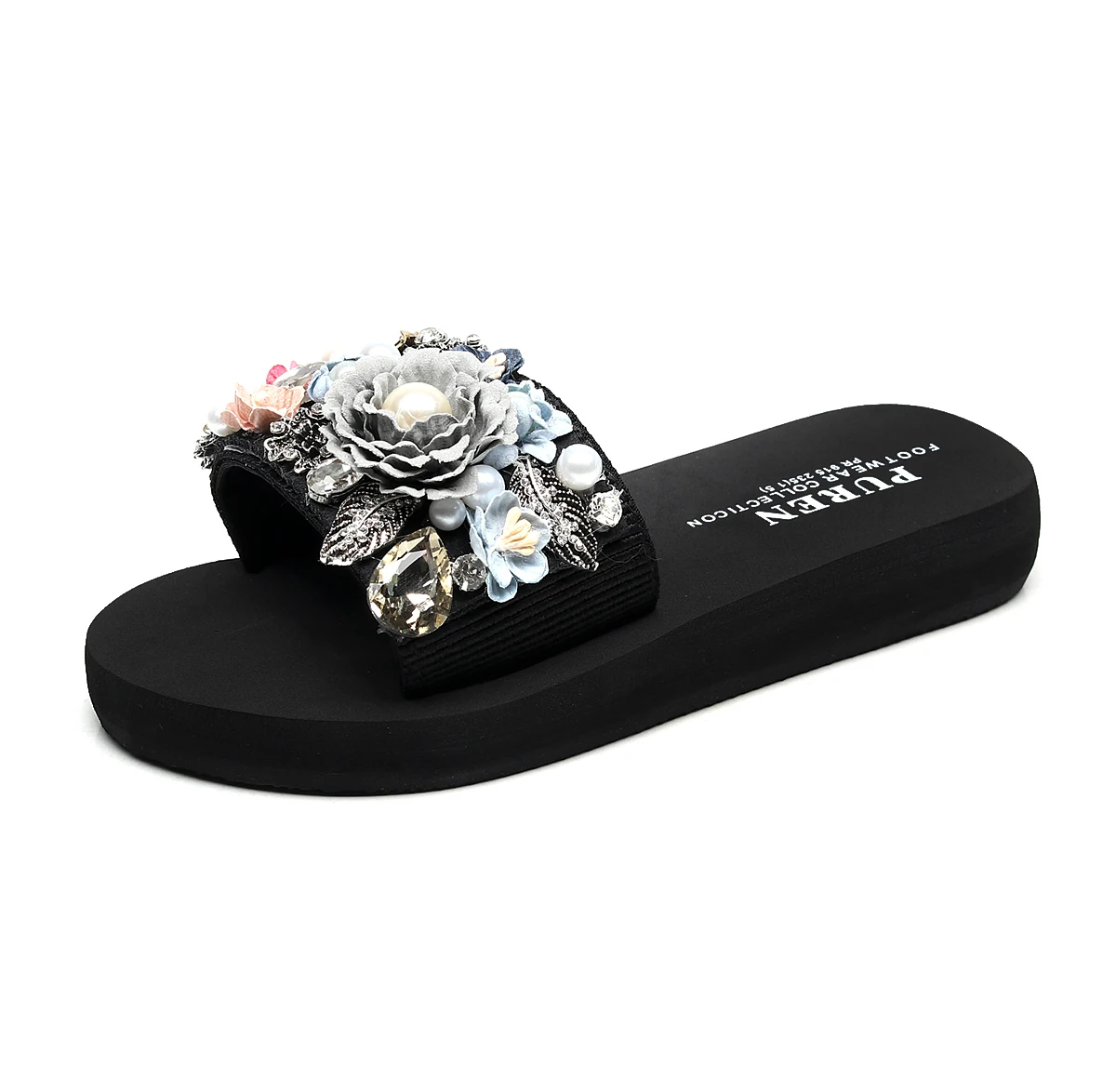 heel height 3cm gray Vertvie/повседневные женские шлепанцы; модная женская обувь на высоком каблуке, украшенная цветами и жемчугом; пляжные шлепанцы без задника - Цвет: heel height 3cm gray