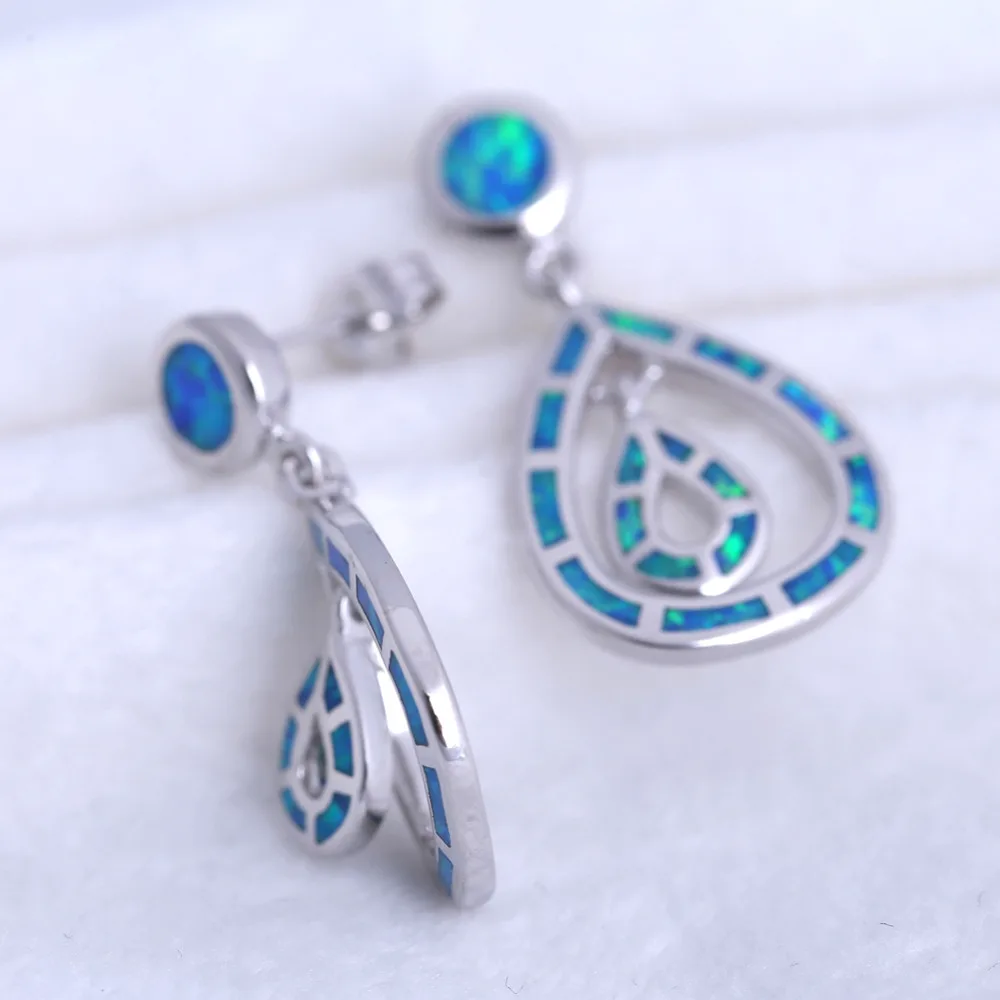 ROLILASON Trendy water drops earring silver plated stamped blue fire opal Drop Earrings fashion Jewelry OE741 | Украшения и