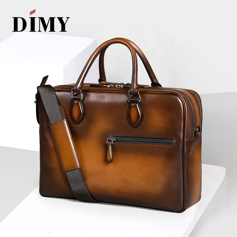 DIMY Hand Patina Vintage Briefcase Genuine Cow Leather Shoulder Bag Double Zipper Laptop Bags Business Case Travel Bag For Men