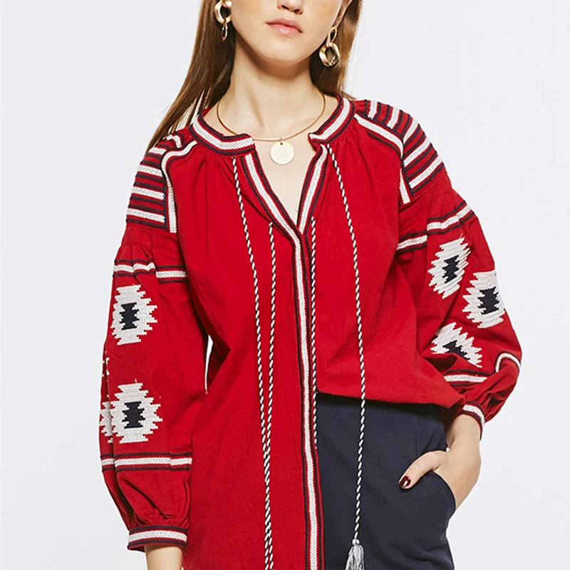 chic BOHO women Blouse geometirc embroidered Cotton shirt nine quarter lantern sleeve five colors loose Casual Women's Blouses | Женская