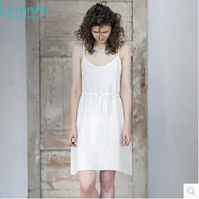 LinenAll женское платье белое 100% чистое белье пеньковое на подтяжках базовое льняное