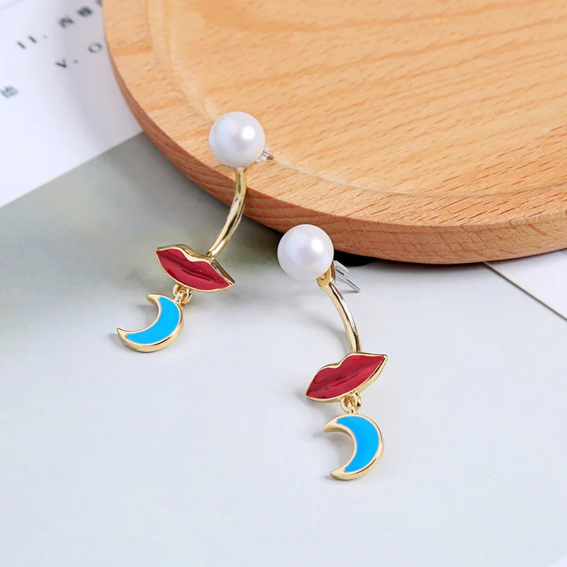 Banny Pink Cute Red Lip Blue Crescent Moon Pendant Earrings For Women Chunky Statement Dangle Free Wear Drop | Украшения и