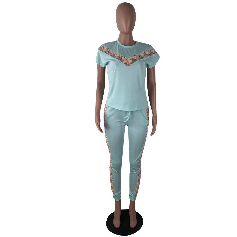 

Sequin Strip O-Neck Solid Short Top Leggings Pants High Elastic Sport Casual Women Tow Piece Suits Women Sets