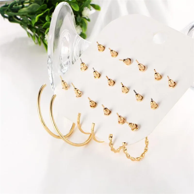 2018 Newest Simulated Pearl Golden Stud Earrings For Women Vintage Round Jewelry Boho Crystal Heart Earring Sets 9 Pairs/Set | Украшения и