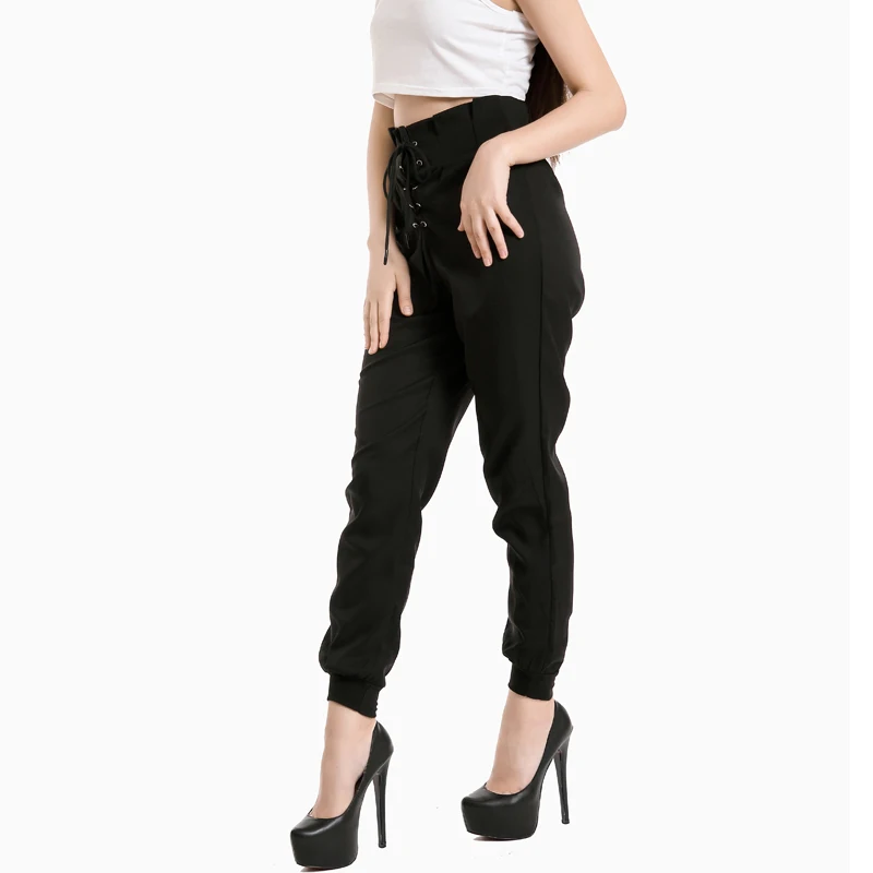 Женские сексуальные брюки узкие на шнуровке с высокой талией модные однотонные