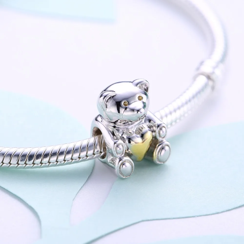 Видео! Золотое сердце Медведь Тедди 925 Стерлинговое серебро бусины шармы