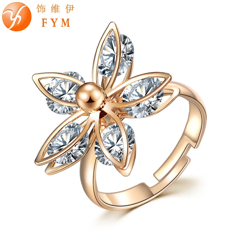 

FYM New Luxury Classic Ring Flower Gold Color Zircon Crystal Fashion Women CZ Diamond Finger Rings for Party Gift Wedding