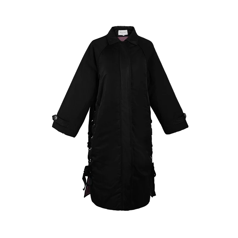 Fashion long side tie with a coat of cotton women thickened loose black joker. | Женская одежда