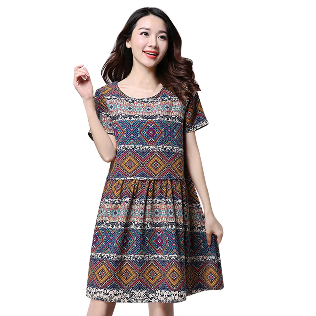 Женское винтажное летнее платье с принтом а-силуэт карманы o-образный вырез