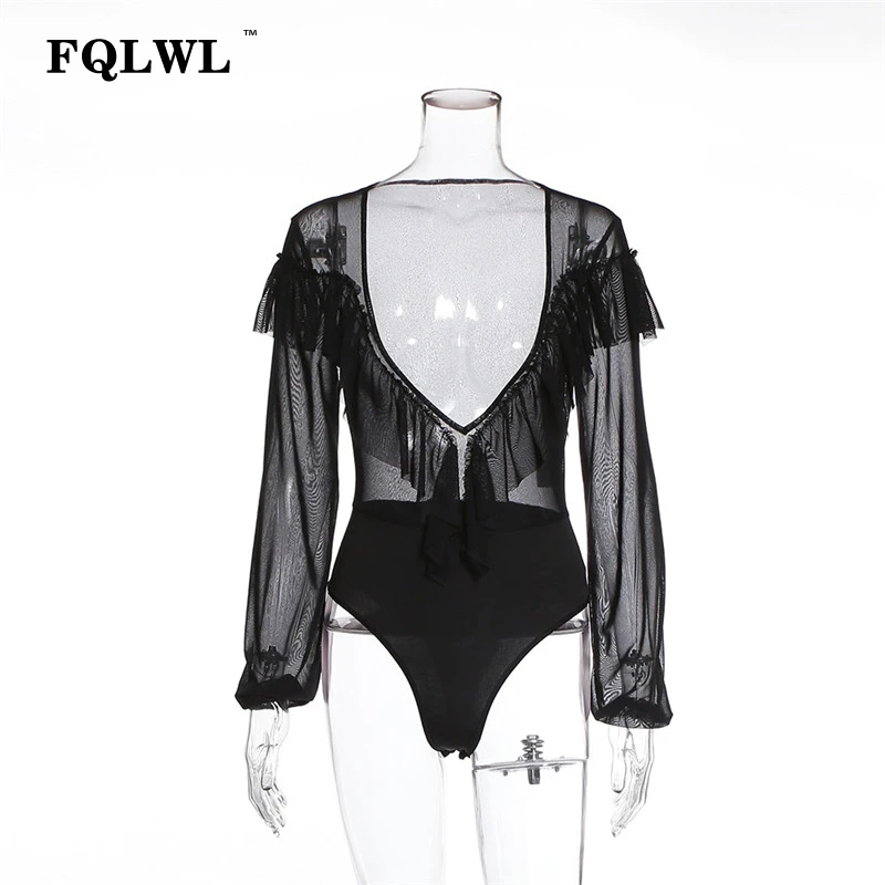 Женское прозрачное боди FQLWL черное облегающее с длинным рукавом и глубоким