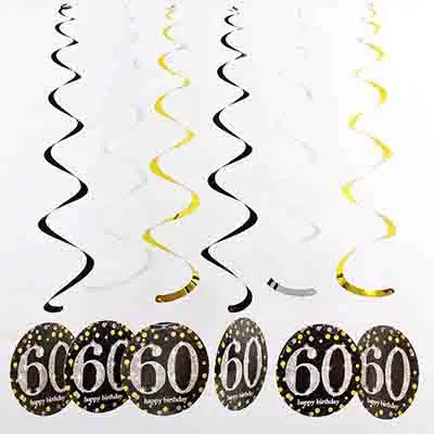 black gold silver 60 6 шт. 60 лет украшения на день рождения с днем рождения 30 40 50 60 70 лет спиральный подвесной орнамент украшения на день рождения - Цвет: black gold silver 60