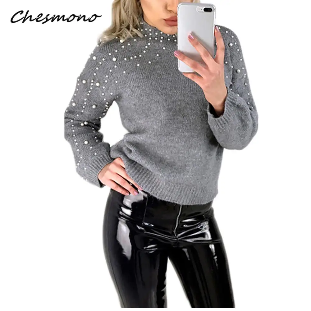2018 Autumn Winter Thicken Sweater Pullover Tops Women Turtleneck Pearl Beading Long Sleeved Casual Loose Knitting Warm Sweaters | Женская