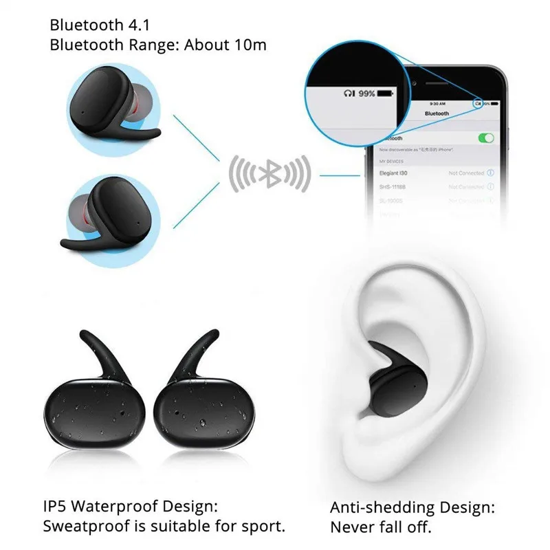 Настоящие беспроводные наушники Bluetooth Dual V4.1 Встроенный микрофон зарядный чехол