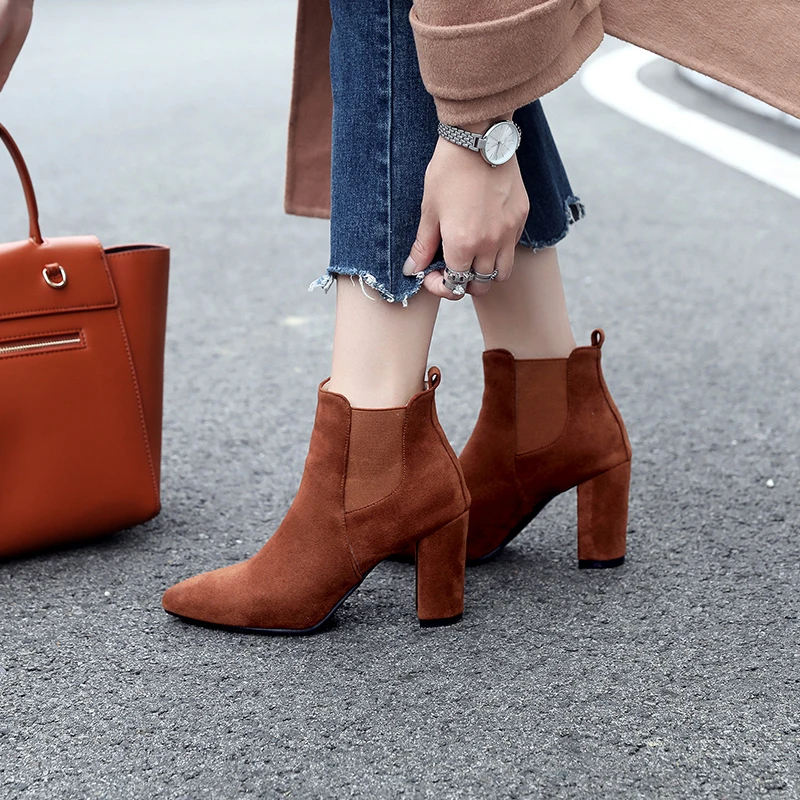 

JK Thick High Heels Ankle Women Boots Flock Warm Female Shoes Pointed Toe Autumn Bootie Fashion Footwear Super Big Size 32-46