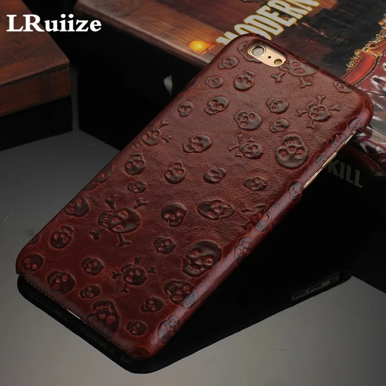 LRuiize натуральная коровья кожа Тонкий чехол для iPhone 8 7 6s/Plus 5S SE 3D чехол Ужасы пираты черепа чехол для телефона s - Цвет: Brown