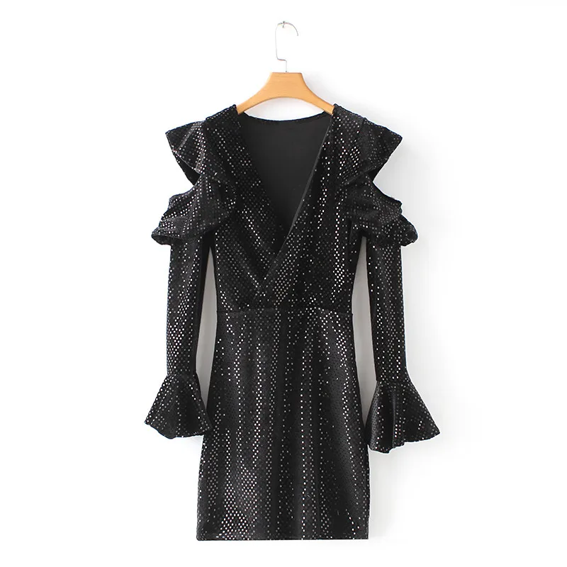 Женское блестки облегающий яркое платье с открытыми плечами и оборками вечерние