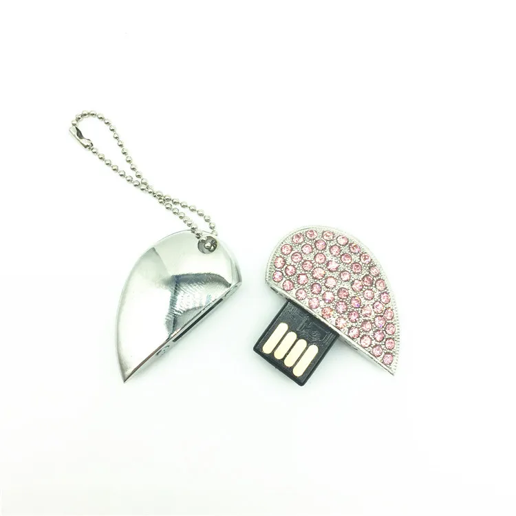 Металлический USB флеш накопитель с кристаллами в форме сердца + Подарочная