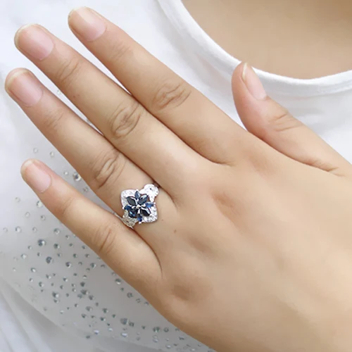 Qi Xuan_Fashion Jewelry_Dark Blue Stone элегантный цветок Rings_S925 Стерлинговое серебро Мода