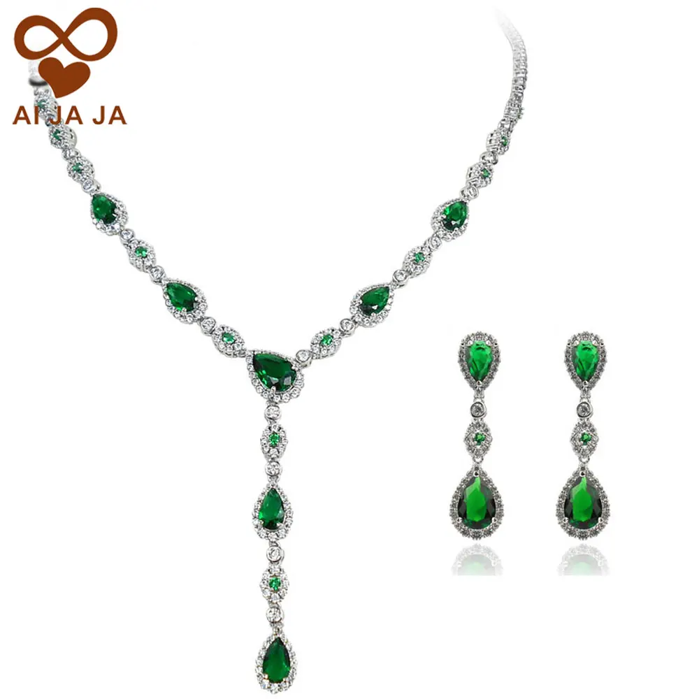 CZ бриллианты вымощенные капли изумрудно зеленые Свадебные Ювелирные наборы