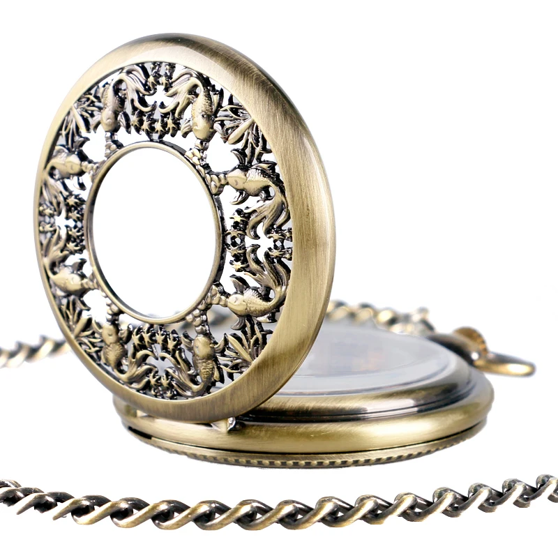 

Vintage Hollow Fish Bronze Steampunk Pocket Watch Mechanical Hand Wind Skeleton Fob Clock Men Women Gift With Chain