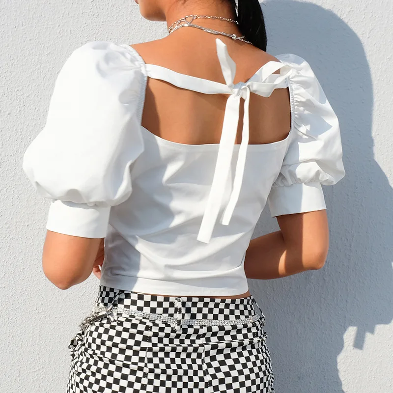 Летняя белая короткая блузка с оборками Женская 2019 сексуальный Бюст атласная