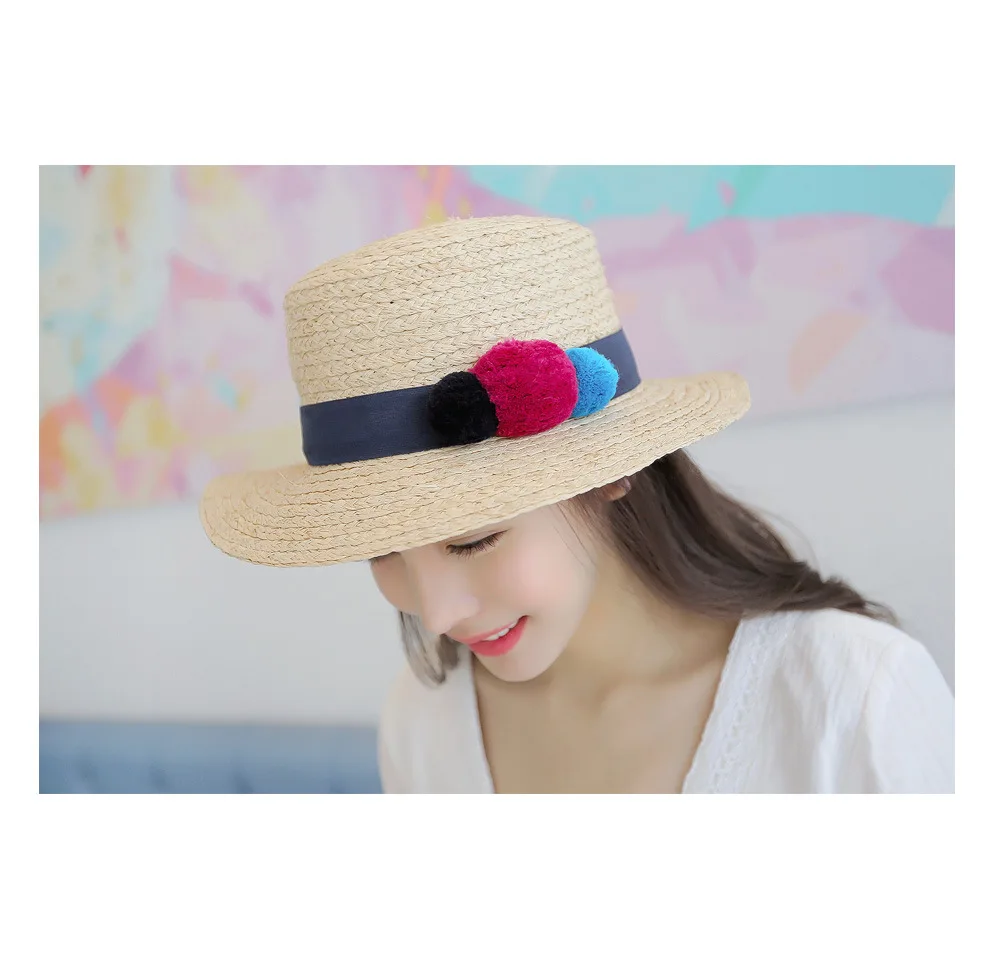 

Fashion straw fedora summer sun hat tribal band pompom panama beach hats