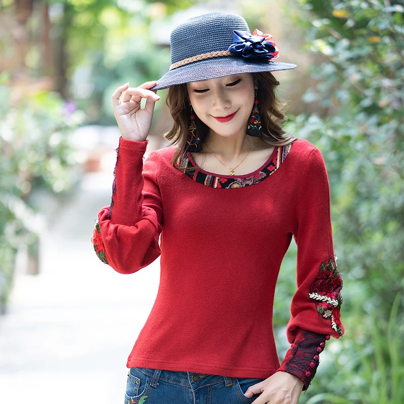KYQIAO blusas mujer de moda Женский Пуловер женский осенне весенний этнический стиль бохо с