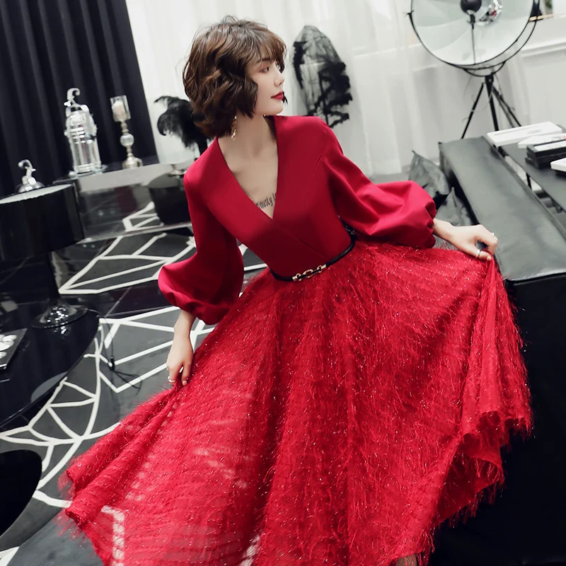 wei yin Robe De Soiree Lace Sexy V-neck Long Evening Dresses 2020 Bride Banquet Elegant Tea-length Party Prom Dress WY1695 | Свадьбы и