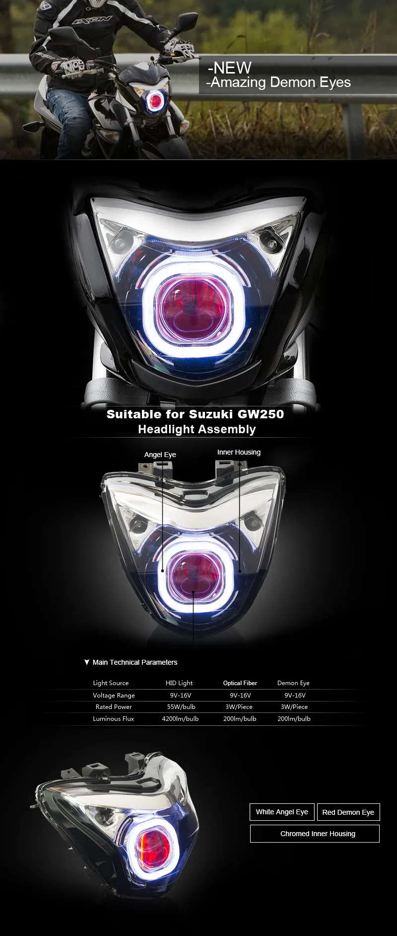 Передние фары KT для мотоцикла Suzuki GW250 GSR250 2013+ HID Проектор Светодиодный(LED) Глаз ангела Белый Светодиодный(LED) Глаз демона Красный