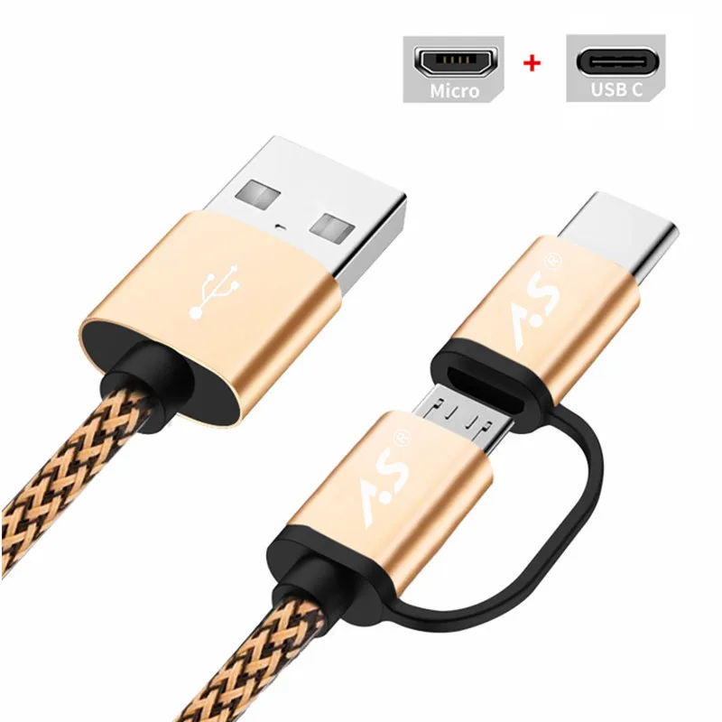 Кабель Micro USB A.S для samsung 2 в 1, кабель usb type C для быстрой зарядки и передачи данных, кабель USB C для телефона Xiaomi 4C Nexus 5X6 P Android - Цвет: 2 IN 1 Cable Gold