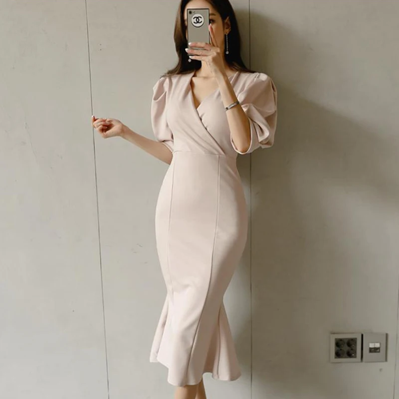 BGTEEVER Vintage Puff-sleeve V-neck Long Women Dress Elegant Slim Waist Female Mermaid 2021 Party Trumpet vestidos femme | Женская