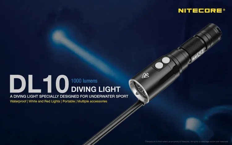 NITECORE DL10 светильник для дайвинга подводный Спорт 30 мс Водонепроницаемый 1000 люмен вспышка светильник фонарь без батареи 18650