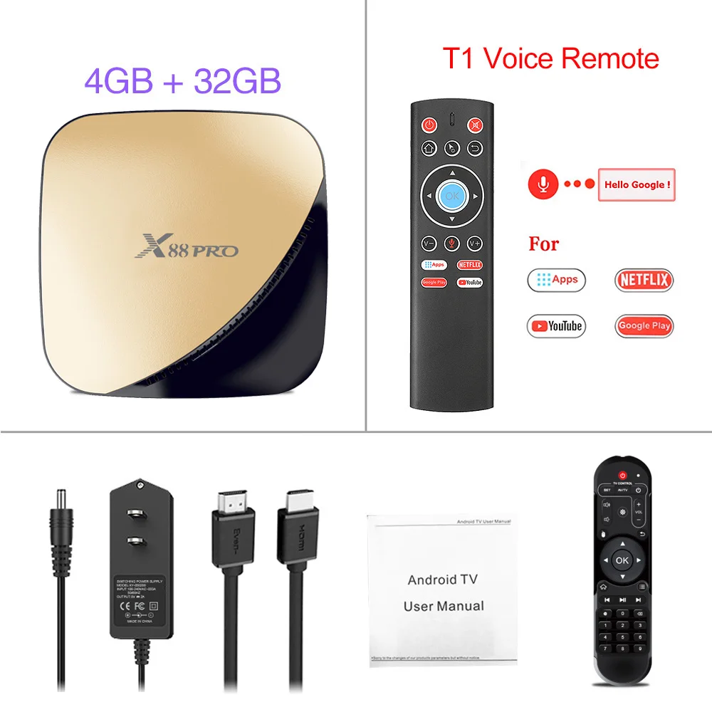 Gold 4G32G T1 Voice X88 PRO Android 9,0 Smart tv Box 4G ram 64G Rockchip RK3318 5,8G Wifi 4K 60fps HD телеприставка Google медиа YouTube 1080P X88PRO - Цвет: Gold 4G32G T1 Voice