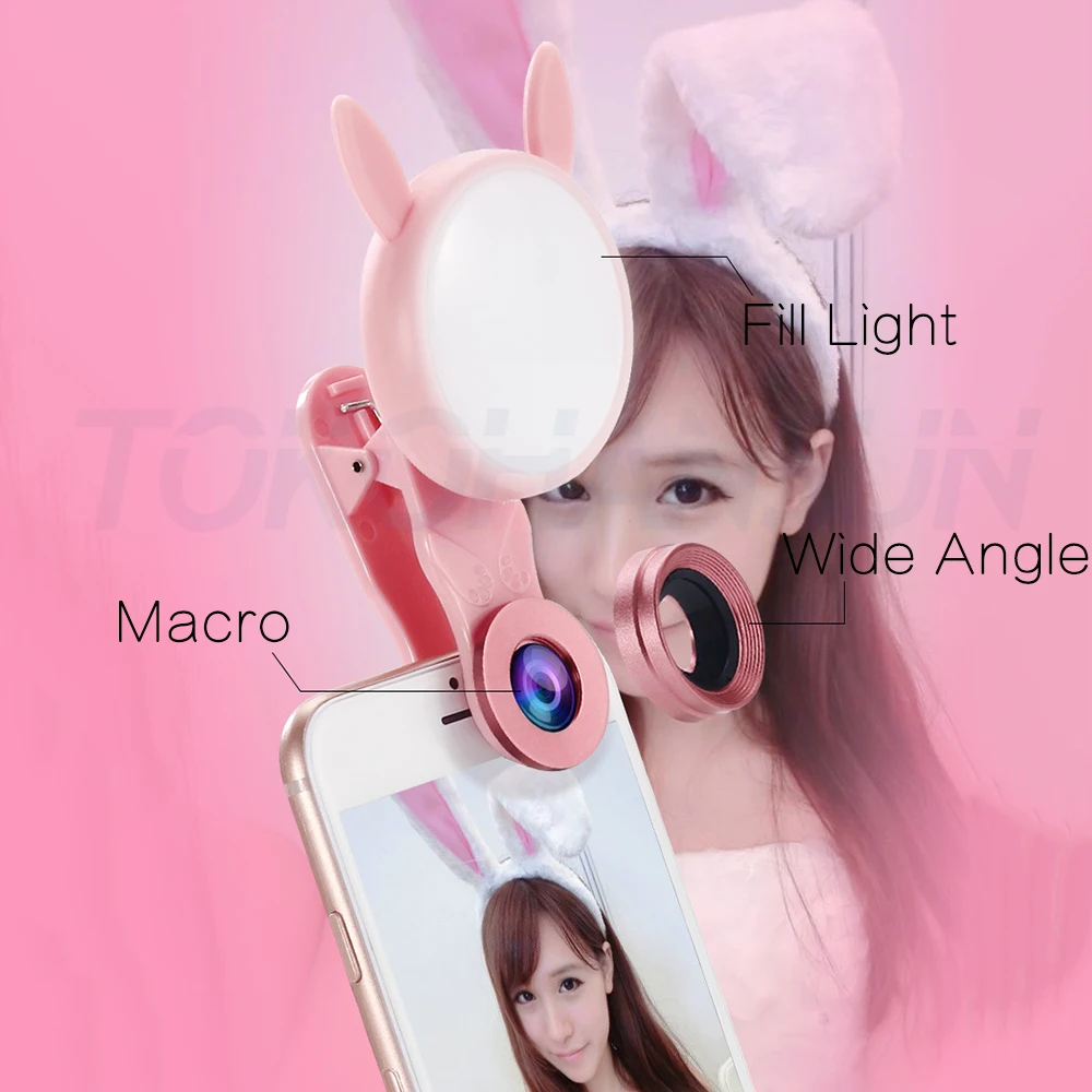TOKOHANSUN LED Selfie Light 6 levels Fill-in light + 0.62X Wide Angle Phone Lens 20X Macro Kit For iPhone Samsung Lenes | Мобильные
