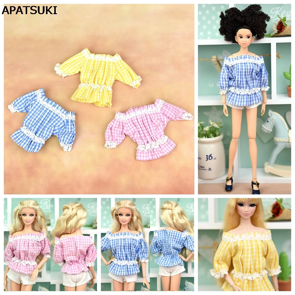

2017 модная клетчатая одежда с открытыми плечами для куклы Барби 1/6 кружевная рубашка с оборками и белые шорты наряд для шарнирных кукол аксес...