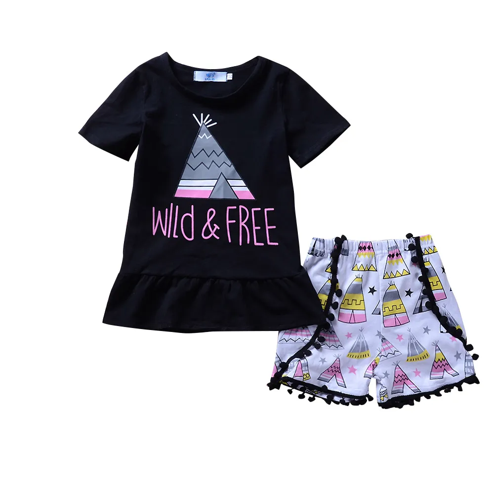 

Casual Baby Girls Sets Toddler Wild&Free Ruffles Black T-shirt+Loose Shorts Cartoon Printing Bebe Girl Clothes Suits 2pc