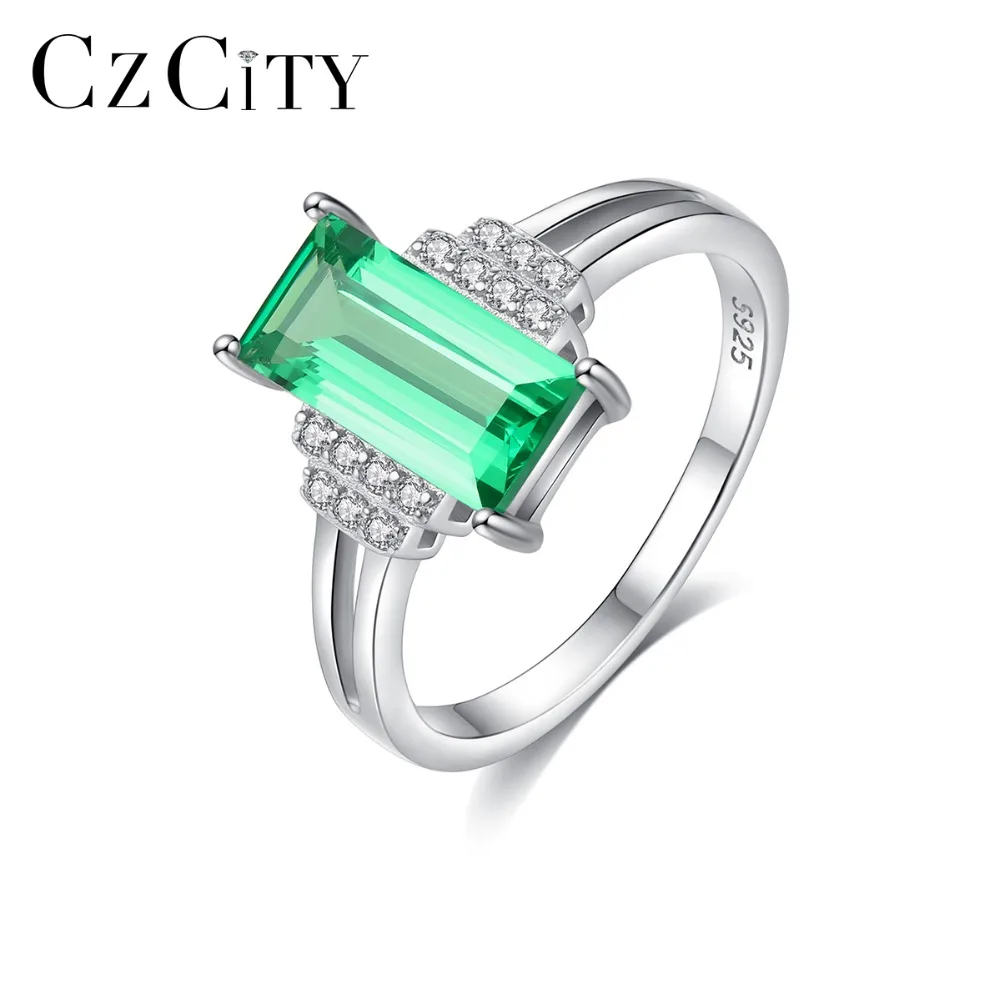 

CZCITY Real 925 Sterling Silver Luxury Emerald Wedding Rings for Women Trendy Geometric Tourmaline Female Rings Fine Jewellery