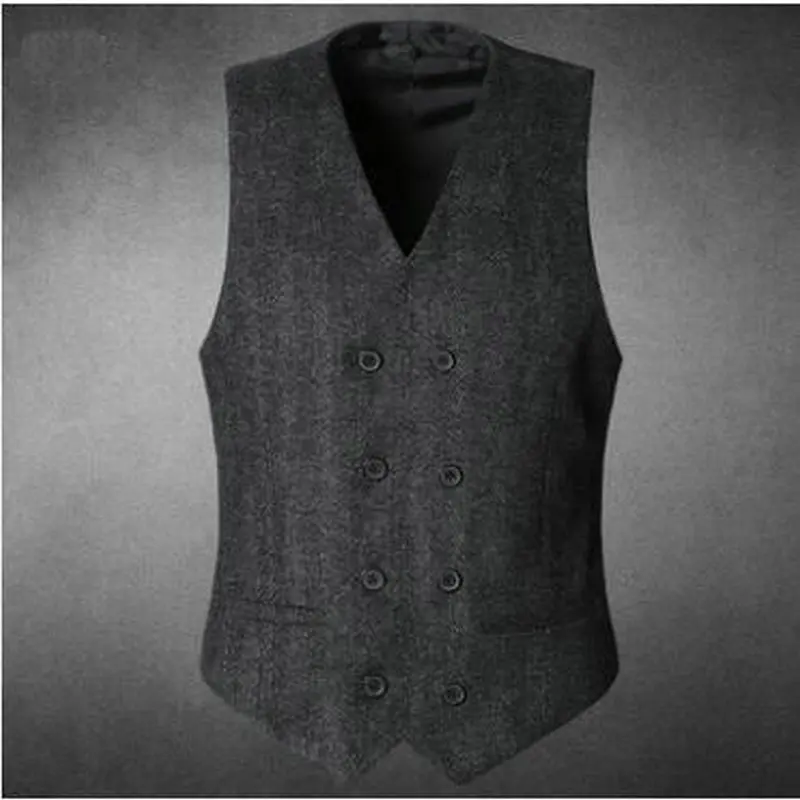 Mens Double Breasted Vest Men Dress Suit Formal Grey Gilet Slim Business Jacket Tops homme 2019 spring | Мужская одежда