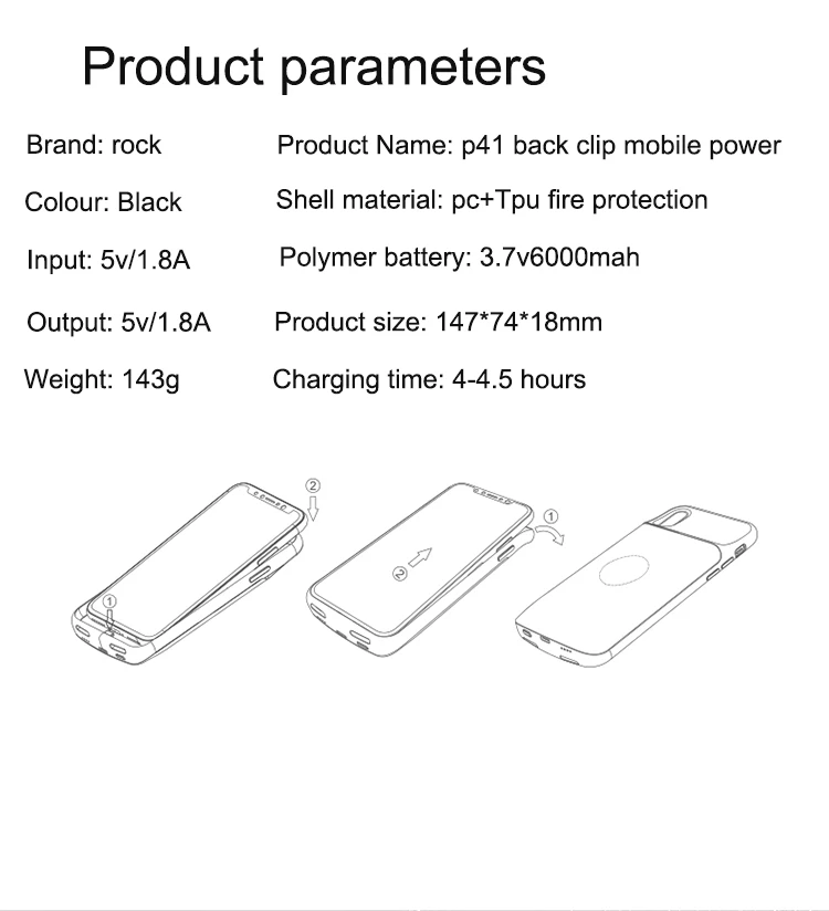 Rock power Bank зарядное устройство чехол для Apple Iphone 6 6s 7 8 задняя крышка батарейного отсека Tpu+ pc 6000mah зарядный чехол
