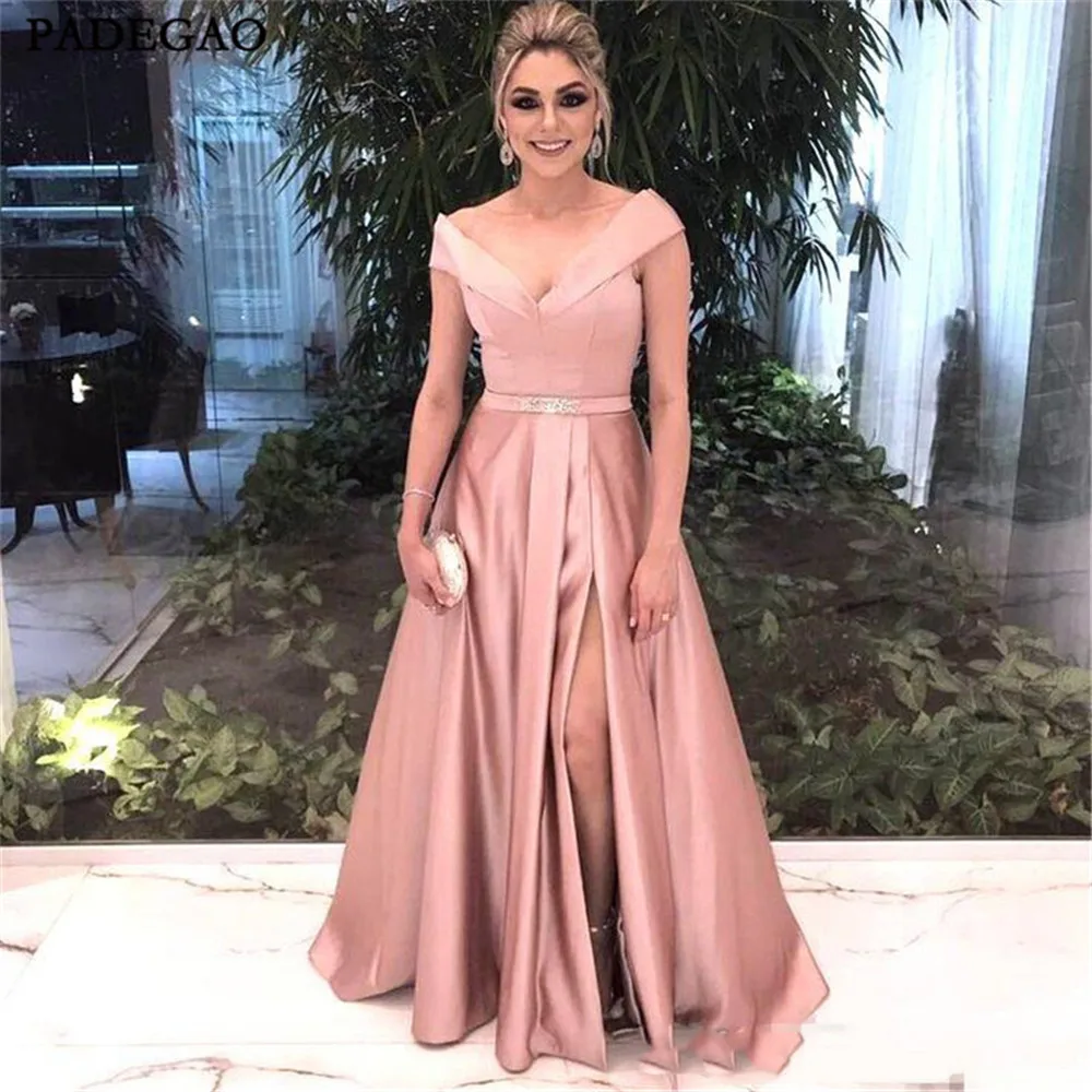 

Pink A-Line Floor-Length Evening Dress Off Shoulder Side Split Pleat Evening Dresses Custom Made Vestido de noche