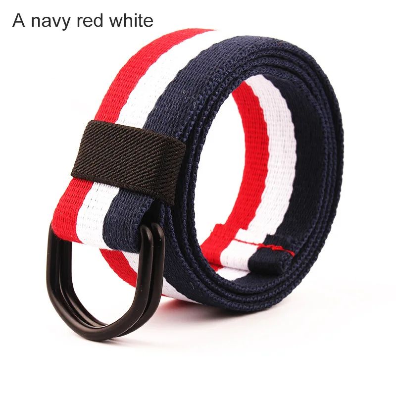 A navy red white Панковский тканевый ремень унисекс с двойным кольцом и d-образной пряжкой, джинсовый мужской ремень, Модный женский ремень, студенческий пояс, супер длинный поясной ремень - Цвет: A navy red white