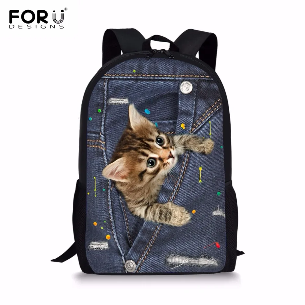 Рюкзак для мальчиков и девочек FORUDESIGNS Kawaii черная джинсовая школьная сумка с 3D