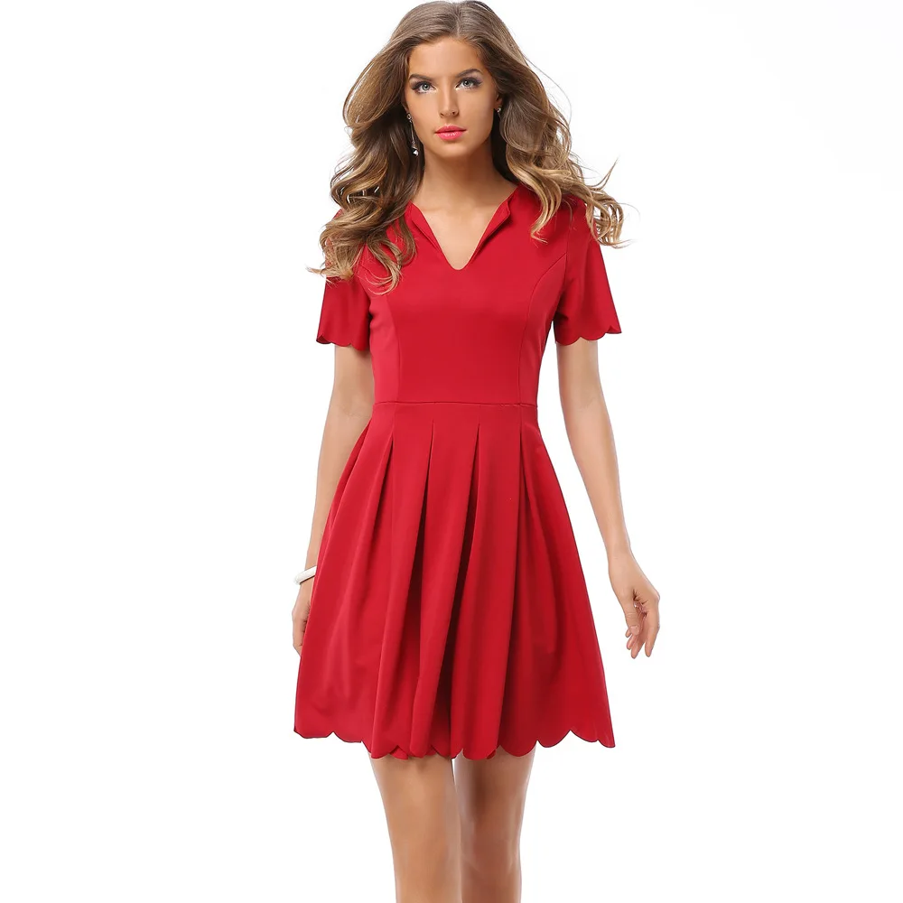 

Europe and the United States style fall summer autumn new women 's V - neck short sleeve red white mini party dress