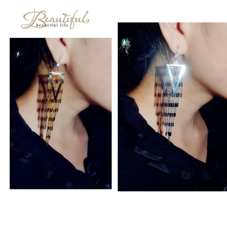 long tassel metal alloy earrings chain triangle temperament retro female party wedding hook for women | Украшения и аксессуары