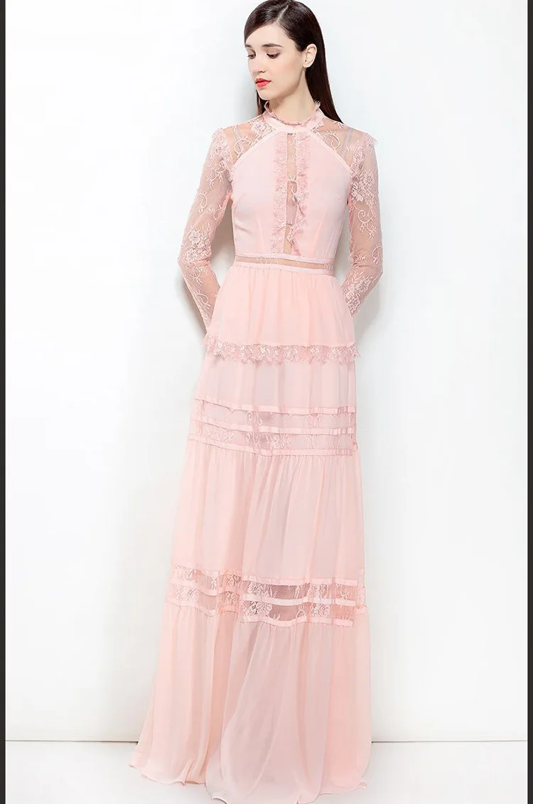 

Women's O Neck Long Sleeves Lace Patchwork Ruffles Elegant Party Prom Maxi Designer Dresses