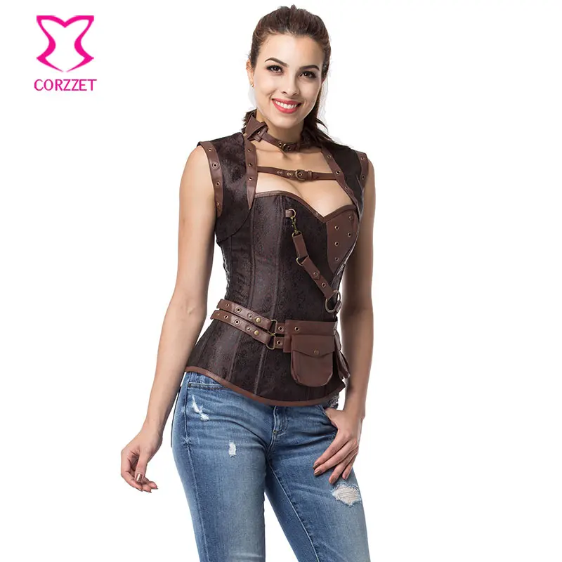 Винтажный Коричневый корсет в стиле стимпанк куртка наряды готические костюмы и
