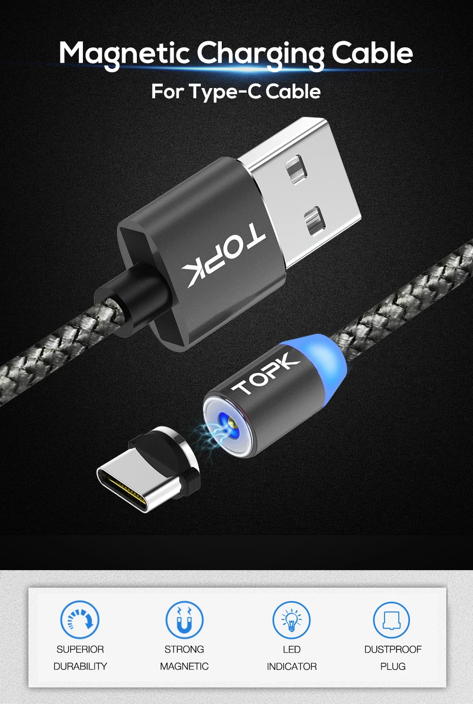 TOPK AM17 1 M Магнитный зарядный кабель, Тип usb C кабель магнит Зарядное устройство для iPhone XR XS Max samsung huawei XiaoMi Redmi note 7