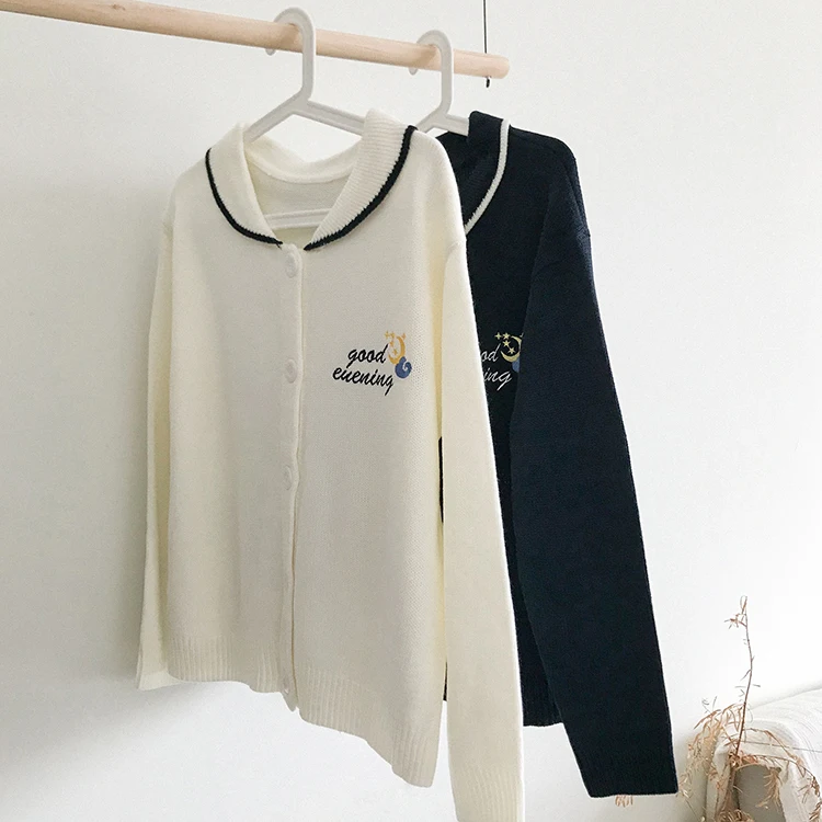 Женские свитера, женский кардиган Kawaii Ulzzang, с отворотом, с Луной, с вышивкой, толстый вязаный свитер, женский корейский Топ Harajuku для женщин